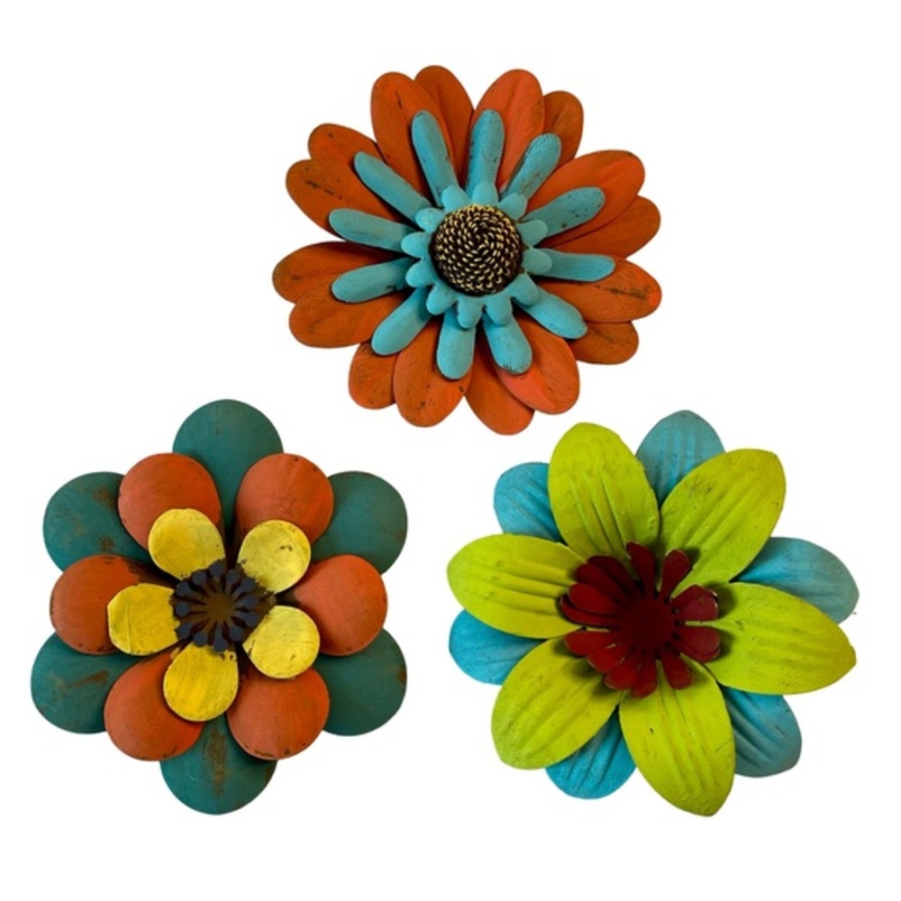 Set of Three Large 4 inch Hand Painted Metal 3D Magnetic Flowers